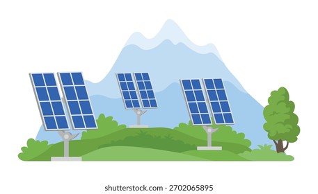 An illustration of solar panels installed on a lush hillside. Majestic mountains rise in the background under a clear sky, demonstrating the potential of renewable energy in nature.