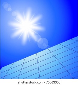 Illustration of solar panels and sunny sky. Vector.