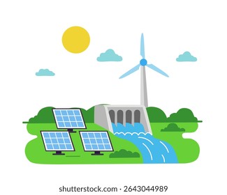 illustration of solar panels, wind turbine, and hydroelectric dam working together in a green landscape, representing clean and sustainable energy source
