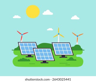 illustration of solar panels and wind turbines on a green field under a sunny sky, symbolizing clean, renewable, and sustainable energy production