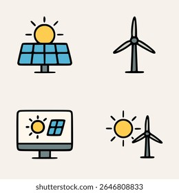 Illustration of solar panels, wind turbines, sun, and computer screen displaying renewable energy icons