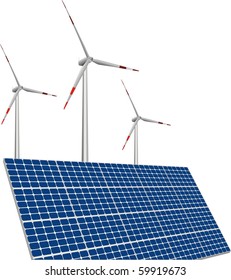 illustration of solar panels, wind turbines