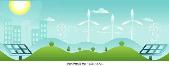 Illustration Of Solar Panels With Windmills, Transmission Tower And Buildings On Sunshine Turquoise And Green Nature Background.