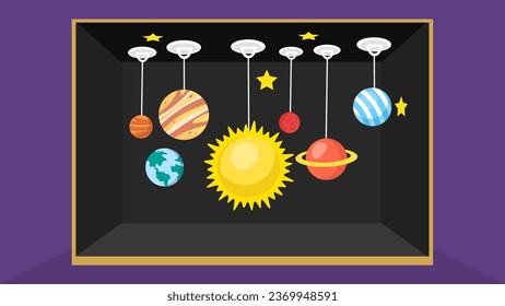 Illustration of the solar system in a box on a purple background