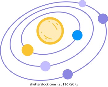 Illustration eines Sonnensystems mit einer zentralen Sonne und sechs umlaufenden Planeten