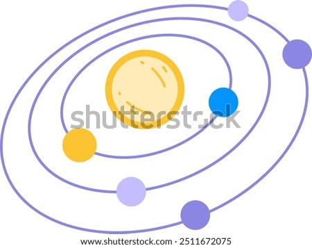 Illustration of a solar system with a central sun and six orbiting planets