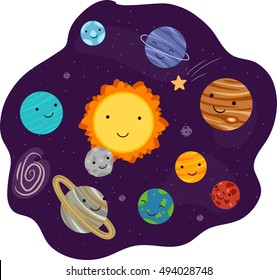 Illustration of the Solar System Featuring Happy Planet Mascots Orbiting the Sun