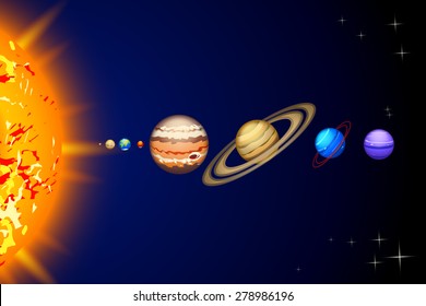 Illustration of solar system line of planets from sun to neptune