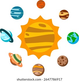Sistema solar ilustração sobre fundo branco, sol e planetas, mercúrio, vênus, terra, marte, júpiter, saturno, urano, netuno