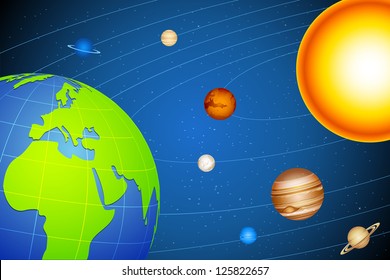 illustration of solar system with planets moving in orbits