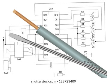 Illustration of the soldering iron and a screwdriver on the electronic circuit