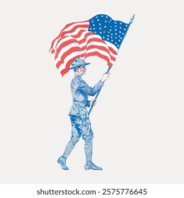 Illustration of a soldier holding an American flag. The soldier, in uniform, proudly carries the flag. Patriotic theme with soldier and flag imagery. Vintage illustration isolated on white, vector.