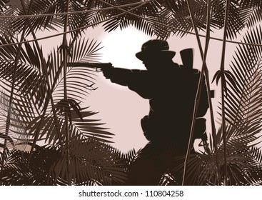 illustration of soldier in jungle forest. vector 2