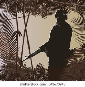 illustration of soldier in jungle forest. vector 3