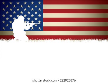 Illustration of a soldier kneel down aiming a weapon against American flag