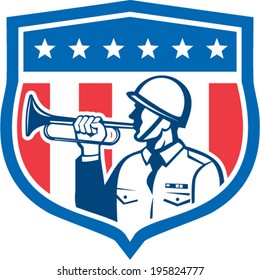 Illustration Of A Soldier Military Police Personnel  Blowing A Bugle Set Inside Crest Shield With Stars Stripes Done In Retro Style.