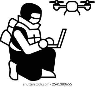 Illustration of a soldier using a drone in a line drawing style