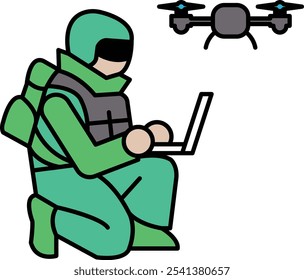 Illustration of a soldier using a drone in a line drawing style