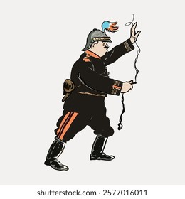 Illustration of a soldier in a vintage uniform with a helmet and plume, holding a whip. The soldier is in a dynamic pose, emphasizing historical military attire. Vintage illustration isolated, vector.