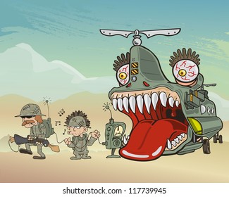 Illustration of soldiers exiting military helicopter