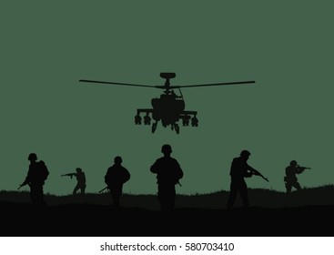 Illustration, the soldiers going to attack and a helicopter.