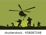 Illustration, the soldiers going to attack and helicopters.