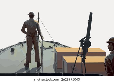 Illustration of soldiers on a ship, wearing helmets, with equipment on deck. The scene depicts a military setting with a focus on maritime operations. Vintage art illustration vector.