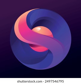 Ilustración de una esfera sólida con un núcleo en el interior. Letra esférica S logo