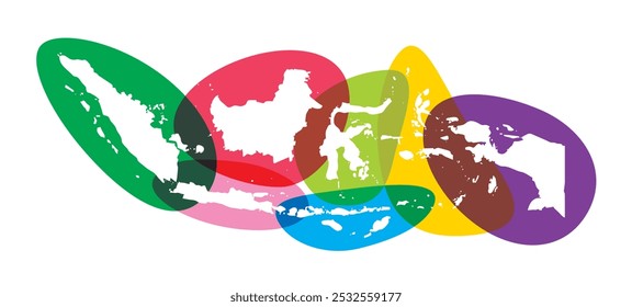 Illustration of a solid white map of Indonesia in front of vivid colored transparent ellipses