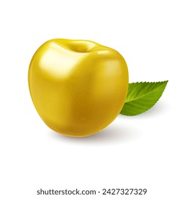 An illustration of a solitary yellow cherry with green leaf on backdrop, on a plain white background