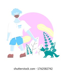 Illustration of solo outdoor activities. Enjoying time alone in nature illustration. People walking with a furry companion in nearby parks or trails vector illustration. Social distancing. New normal.