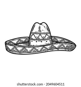 Illustration of sombrero in vintage monochrome style. Design element for logo, label, sign, emblem, poster. Vector illustration