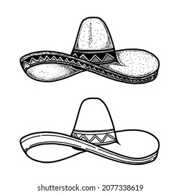 Illustration of sombrero in vintage monochrome style. Design element for logo, label, sign, emblem, poster. Vector illustration
