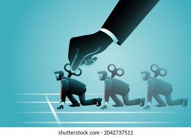 illustration of some businessman with winders being controlled by giant hand ready to sprint on starting line