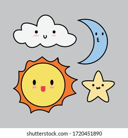 Illustration of some cute and adorable colorful sky objects