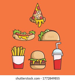 Illustration of some fast foods; Pizza, Burgers, Tacos, Soda, Hotdogs and French Fries.
with a modern and clean style.