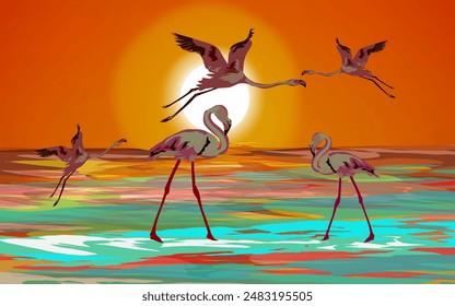 illustration of some flamingos by the sea with sunset background