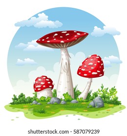Illustration of some fly mushrooms in autumn