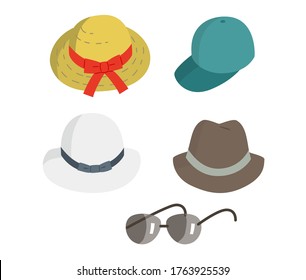 Illustration of some hats and a sunglasses