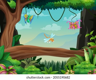 Illustration of some insects flying in the forest