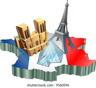 An illustration of some tourist attractions in France, signifies French tourism