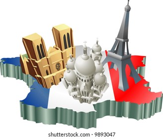 An illustration of some tourist attractions in France, signifies French tourism