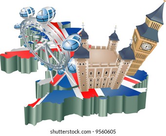 An illustration of some tourist attractions in the uk, signifies United Kingdom tourism