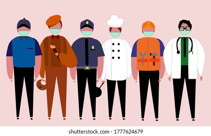 illustration of some workers wearing masks, police, artists, teachers, doctors, cooks, couriers, etc. wearing masks.