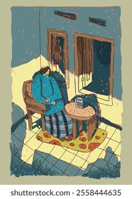 illustration of someone drinking coffee in the corner of a room in a naive style


