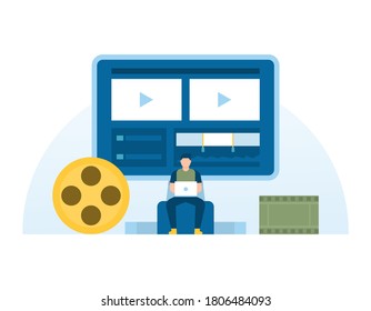 illustration of someone editing the video using a computer monitor next to the filmstrip. Video editor or freelance animator, film editor concept. flat style. UI element design.