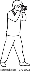 Illustration of someone holding a camera up to their face, ready to take a photograph in a neutral setting.