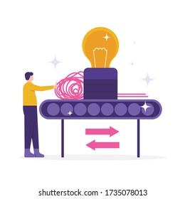 illustration of someone inserting a tangled yarn or rope into the machine to straighten it. concept of solving a problem, finding a solution. flat design. can be used for elements, landing pages, UI.