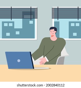 An illustration of someone male works on office assignments with a laptop