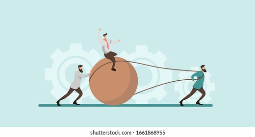 Illustration of someone pushing the burden of stone with his own techniques and methods. team work.